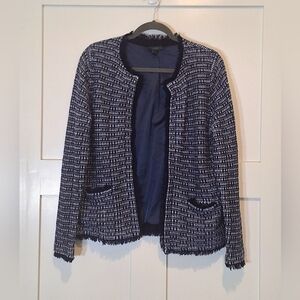 J. Crew Wool Blend Tweed Fringed Cardigan Jacket Lined Size Large Blue Black